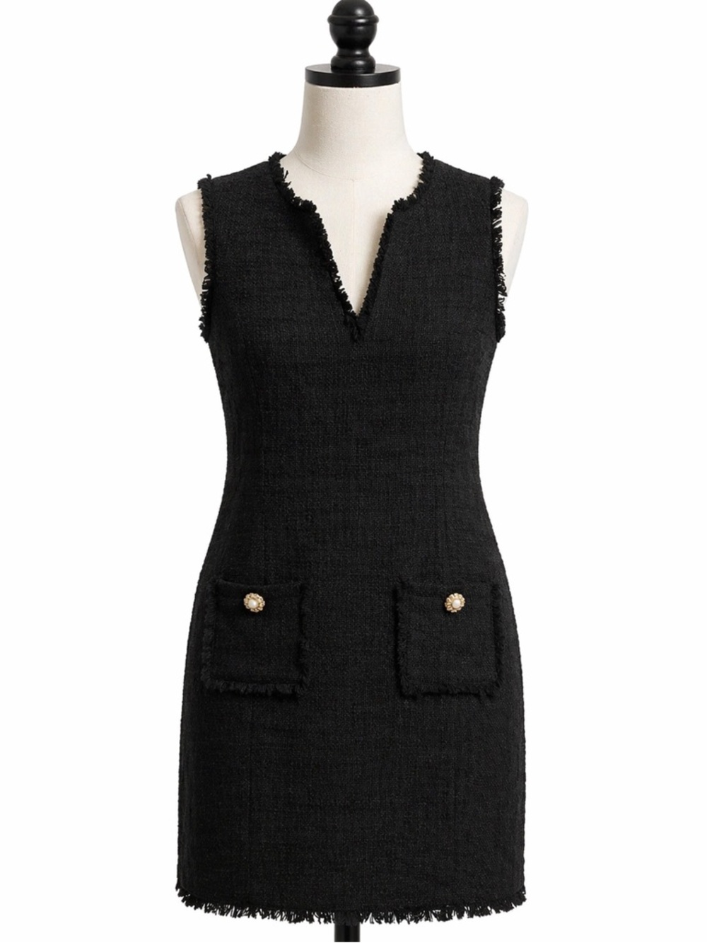 Karl Lagerfeld Black Tweed Fringe Shift Dress / Pearl Button Pockets size 12